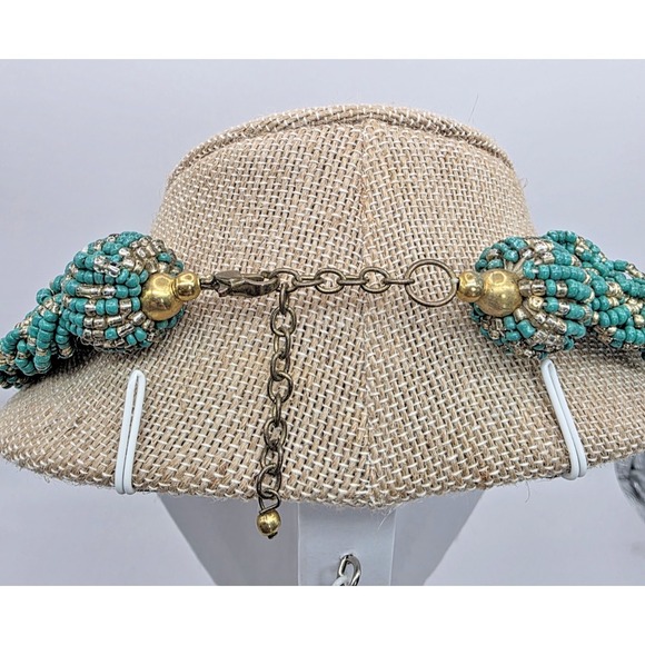 Teal & Gold Seed Bead Multi Strand Necklace Chocker Vintage 18-20.5" Boho - Picture 4 of 8